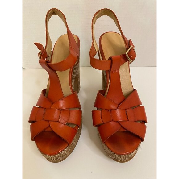 Spanish Leather Stacked Heel Women US 10.5 Sunburst Orange Sandals w/Ankle Strap - Picture 9 of 13